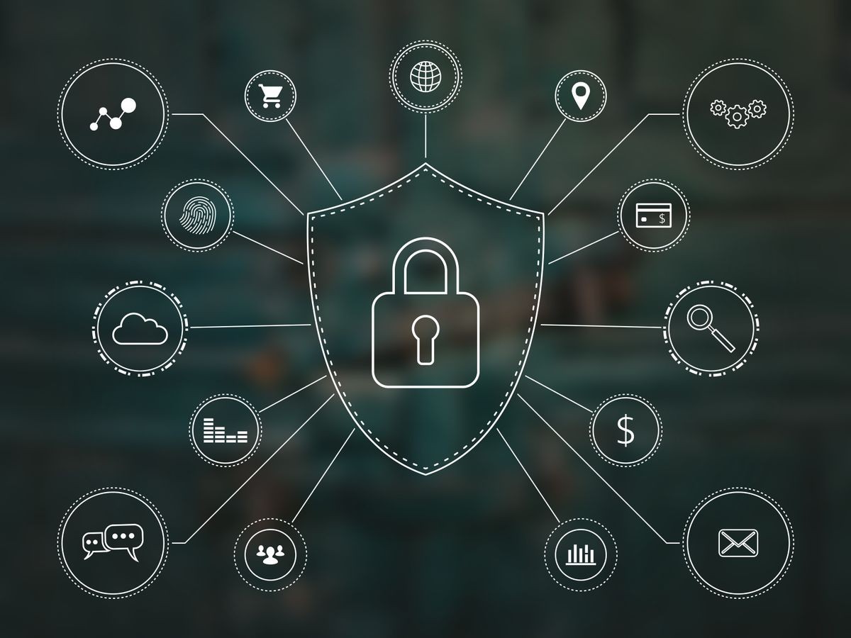 Digital safety concept. Cyber security, data protection, network security, data safety concept. Digital protection bacground. A shield with padlock connected technology icons. Line art technology.
